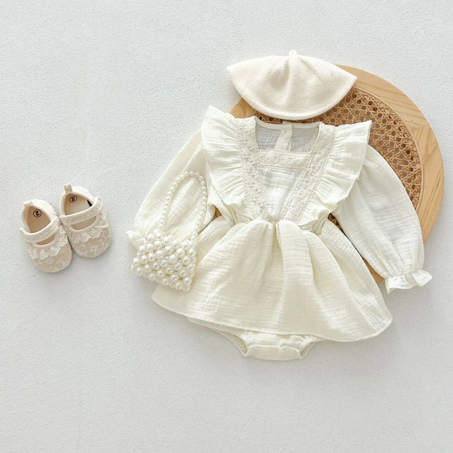 Round Collar Lace Patchwork Solid Onesie Dress