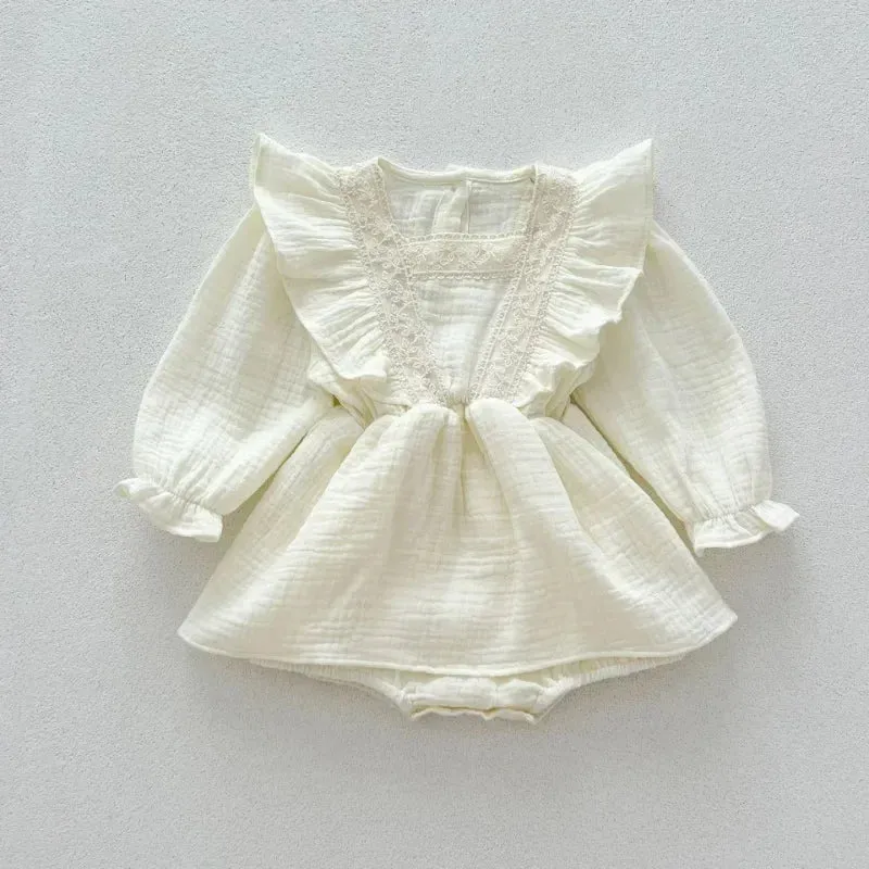 Round Collar Lace Patchwork Solid Onesie Dress