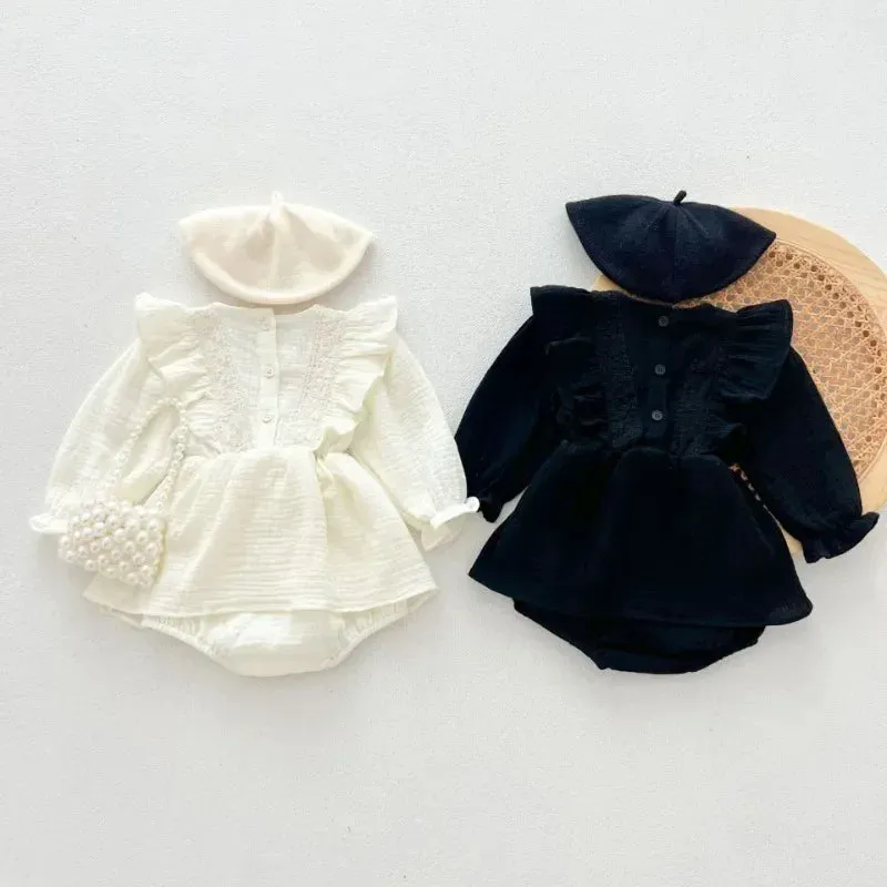 Round Collar Lace Patchwork Solid Onesie Dress