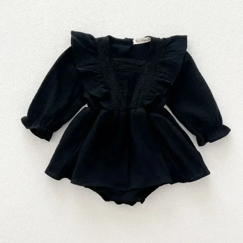 Round Collar Lace Patchwork Solid Onesie Dress