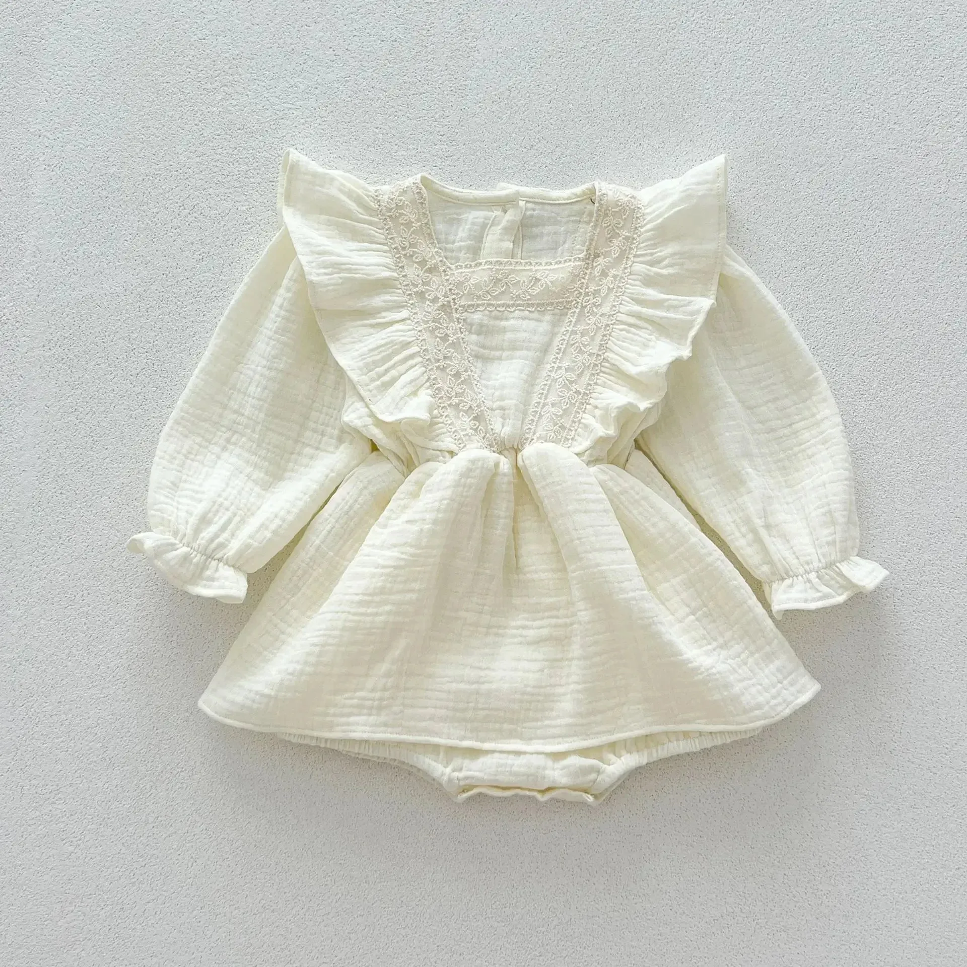 Round Collar Lace Patchwork Solid Onesie Dress
