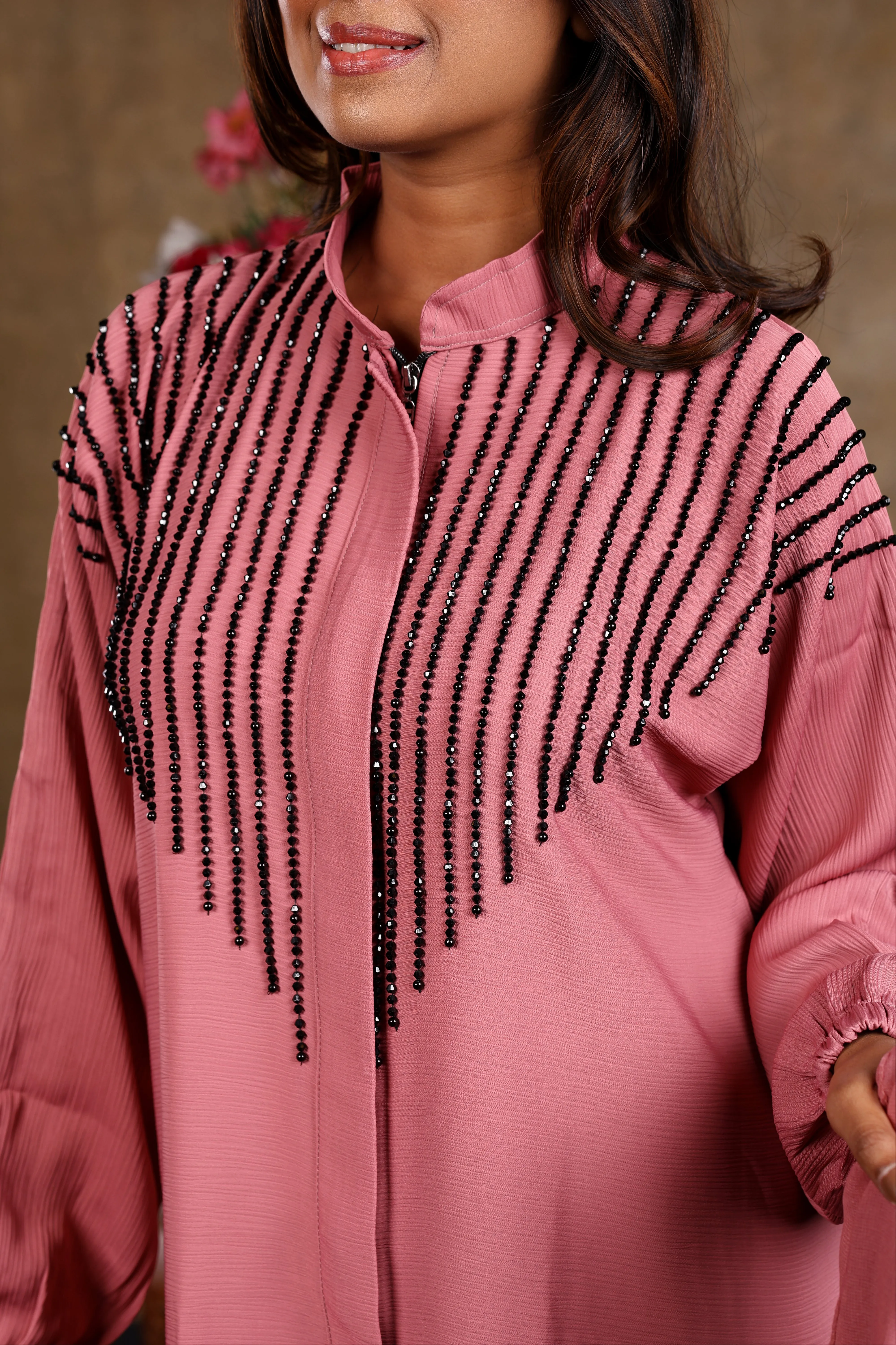 Sawdah Pink Luxury Abaya with Black Beads Beautiful Design