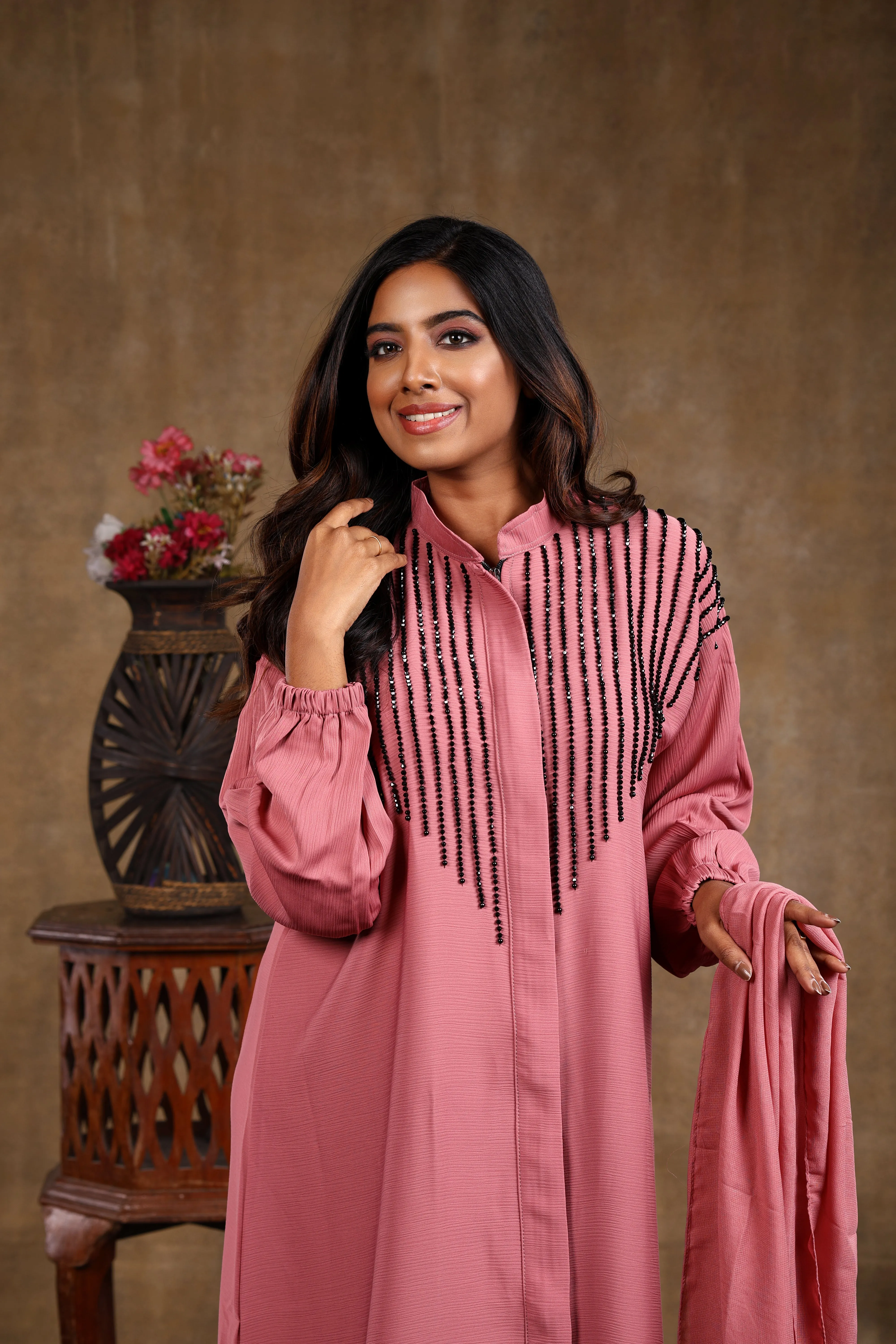 Sawdah Pink Luxury Abaya with Black Beads Beautiful Design