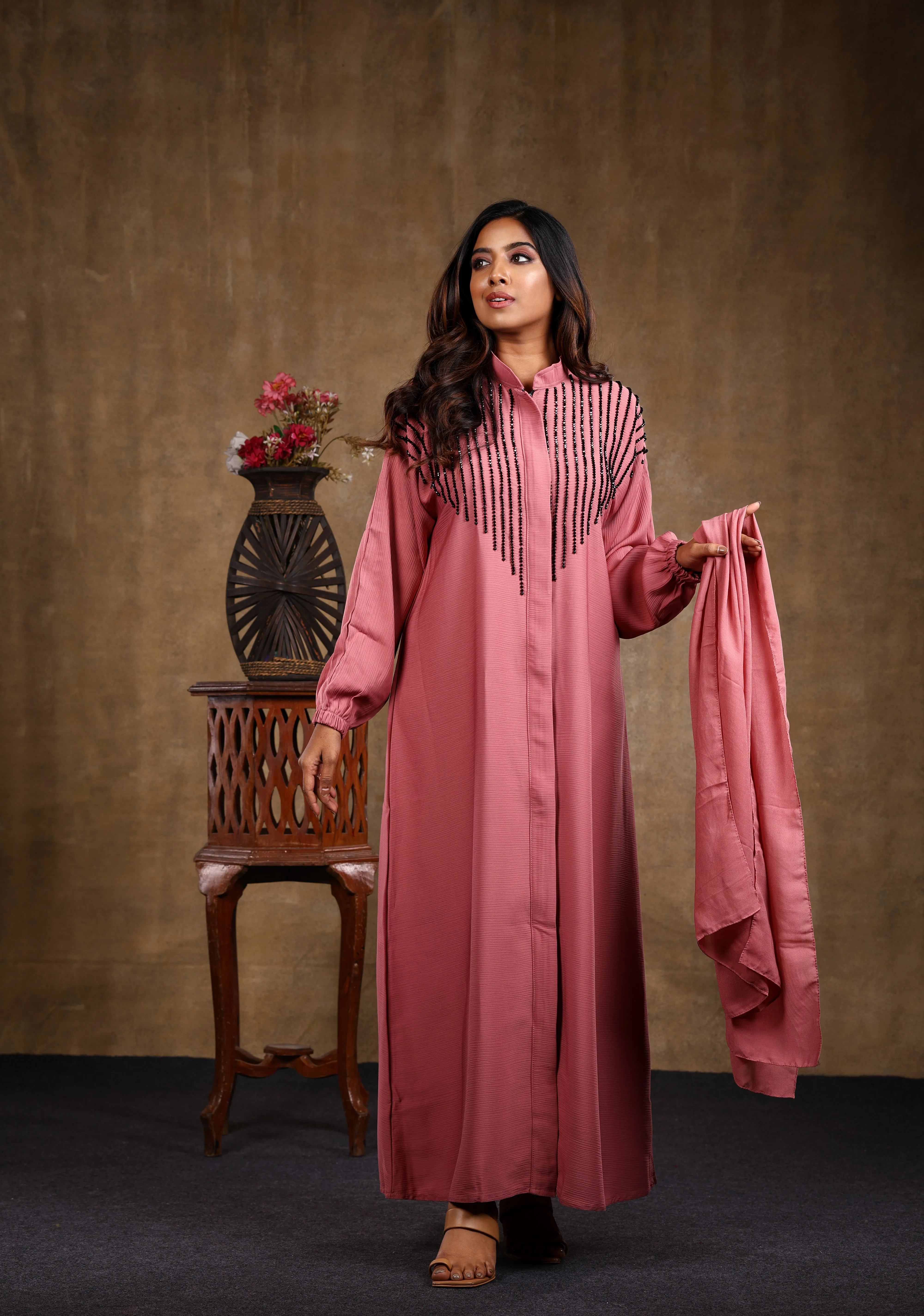 Sawdah Pink Luxury Abaya with Black Beads Beautiful Design