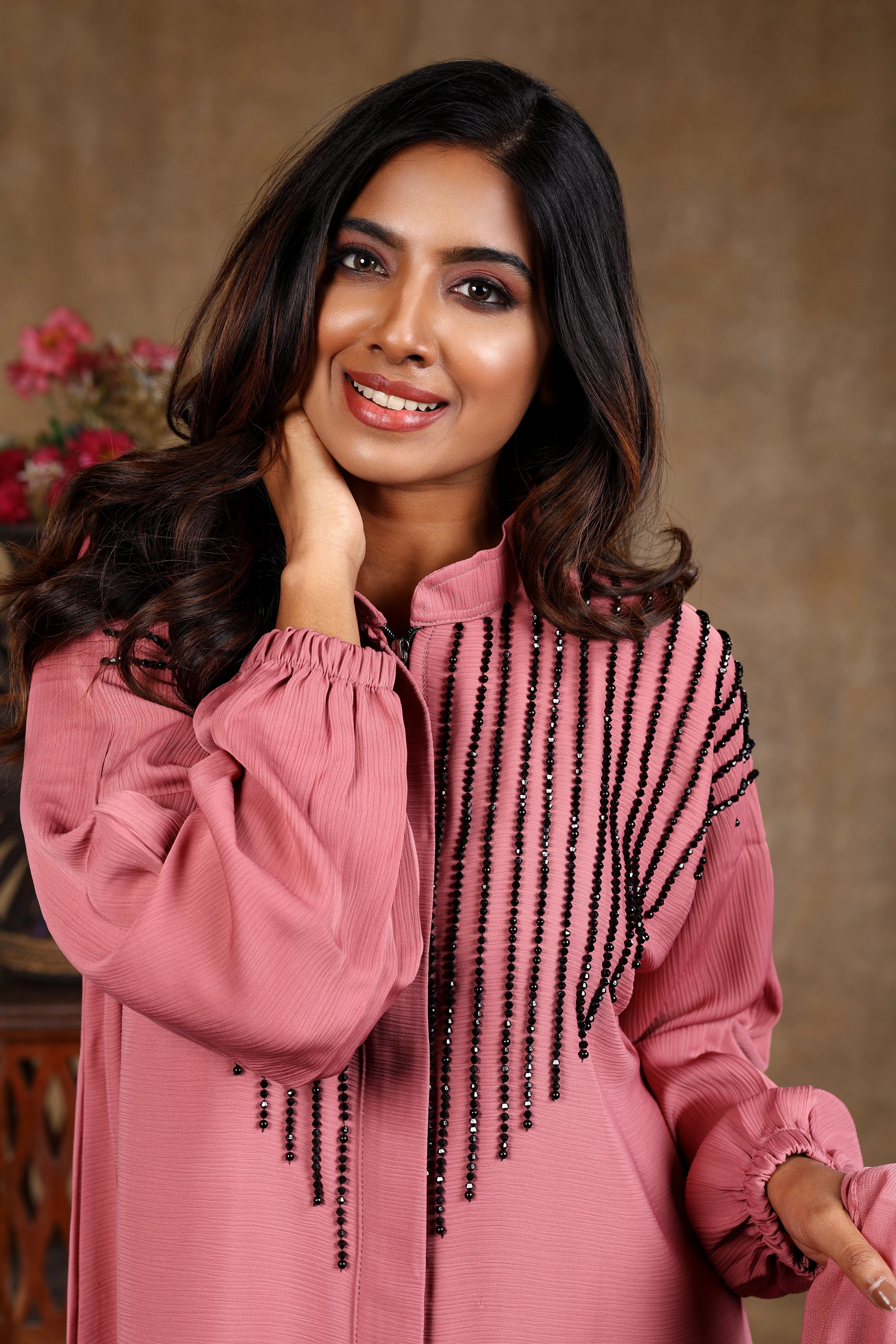 Sawdah Pink Luxury Abaya with Black Beads Beautiful Design