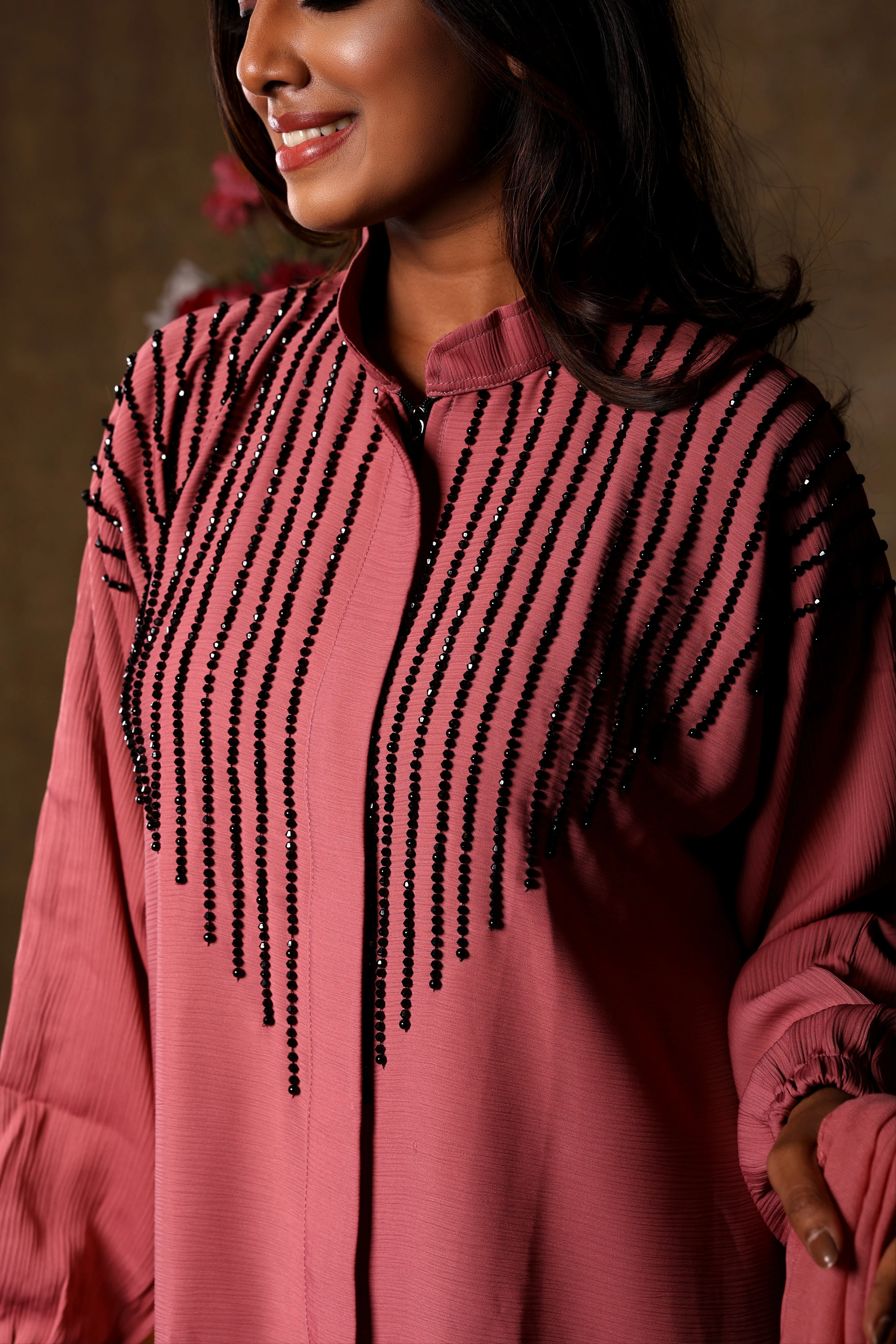 Sawdah Pink Luxury Abaya with Black Beads Beautiful Design