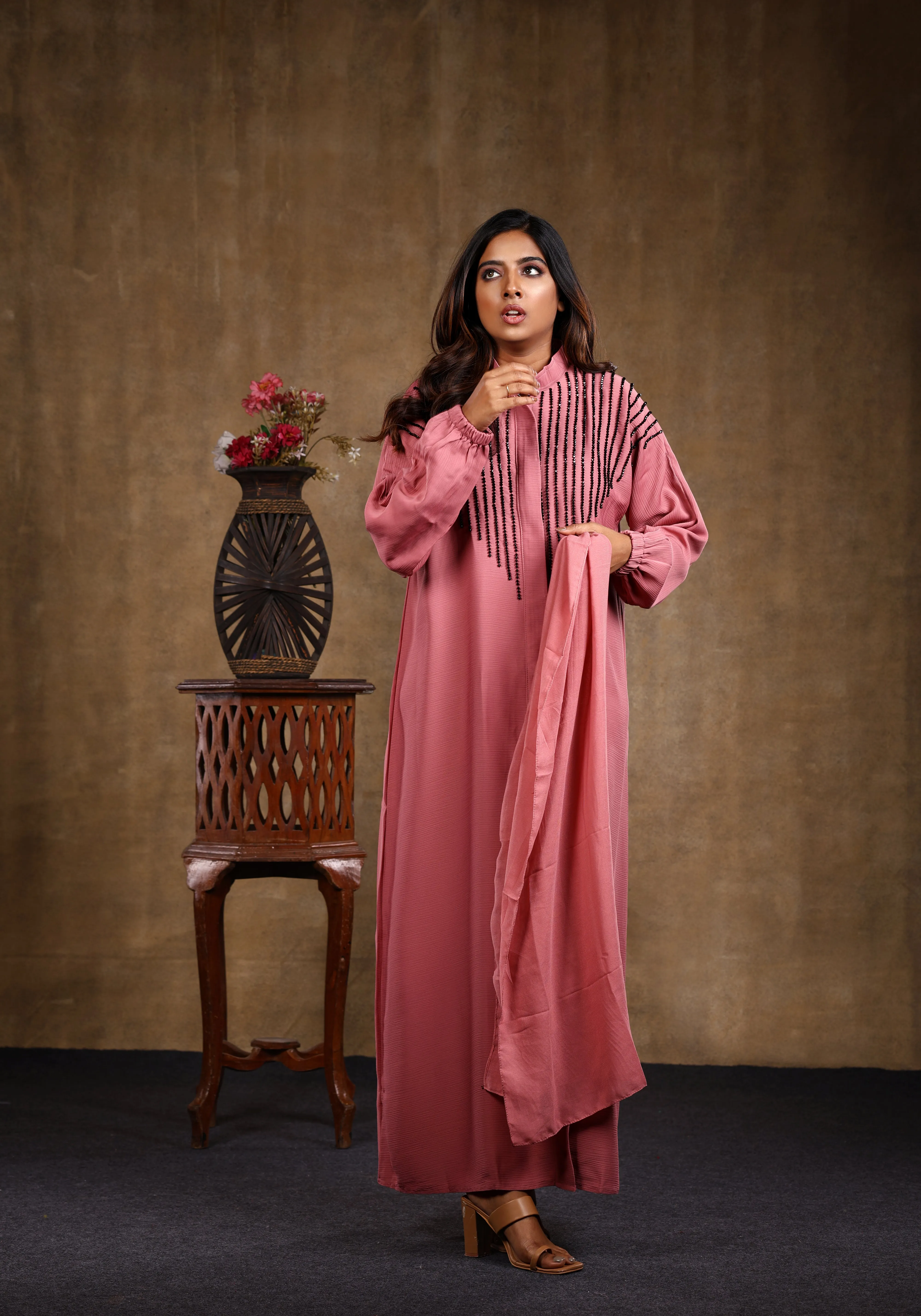 Sawdah Pink Luxury Abaya with Black Beads Beautiful Design