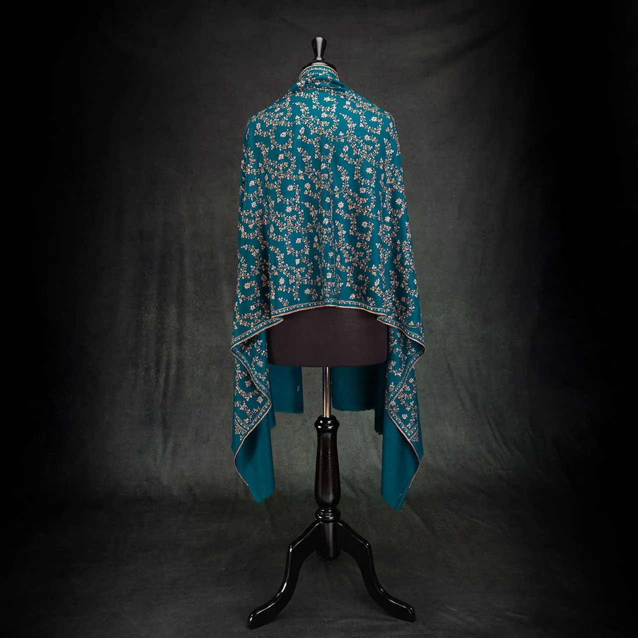 Sozni Hand Embroidered Pashmina Teal Floral