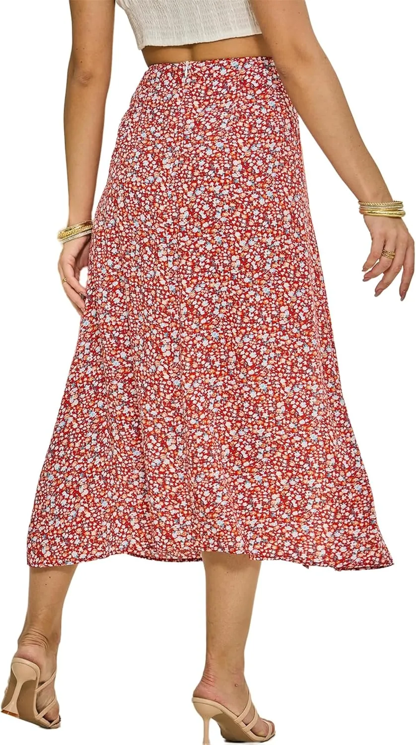 Summer Boho Midi Skirts for Women Fashion Floral Print High Waisted A Line Skirt Color Block Split Hem Beach Skirts