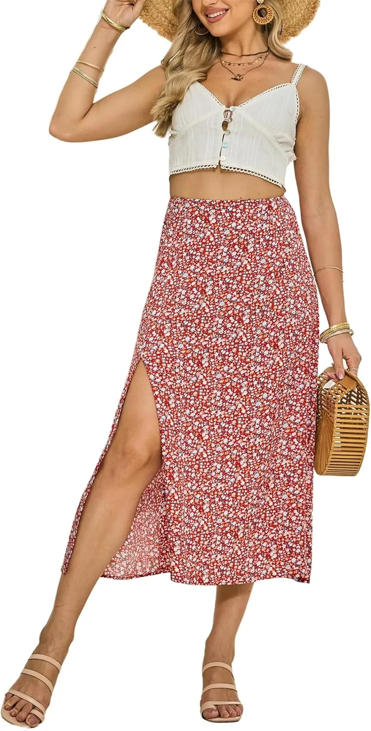 Summer Boho Midi Skirts for Women Fashion Floral Print High Waisted A Line Skirt Color Block Split Hem Beach Skirts