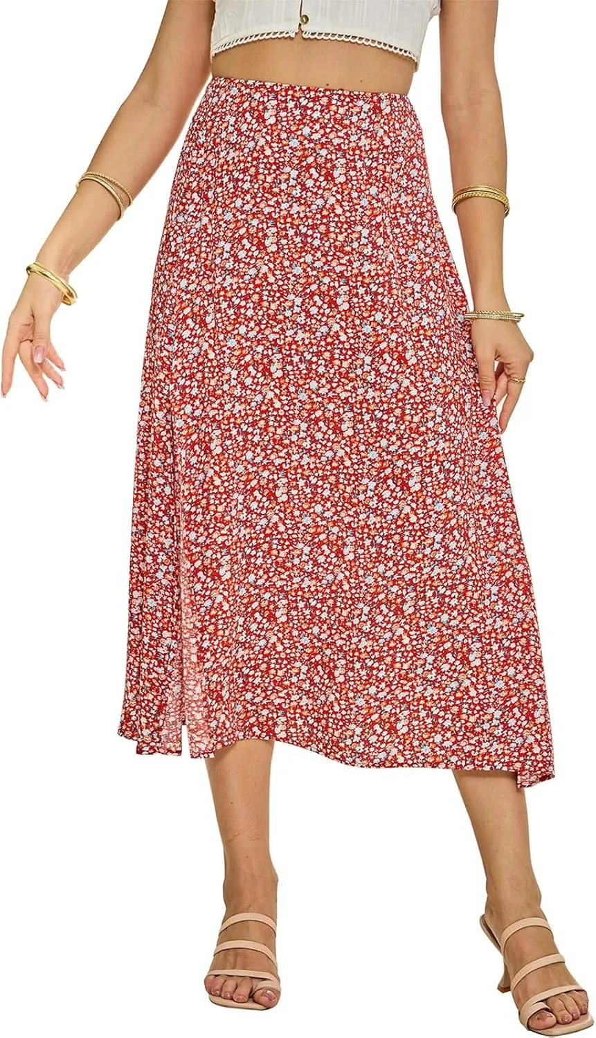 Summer Boho Midi Skirts for Women Fashion Floral Print High Waisted A Line Skirt Color Block Split Hem Beach Skirts