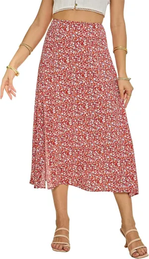 Summer Boho Midi Skirts for Women Fashion Floral Print High Waisted A Line Skirt Color Block Split Hem Beach Skirts