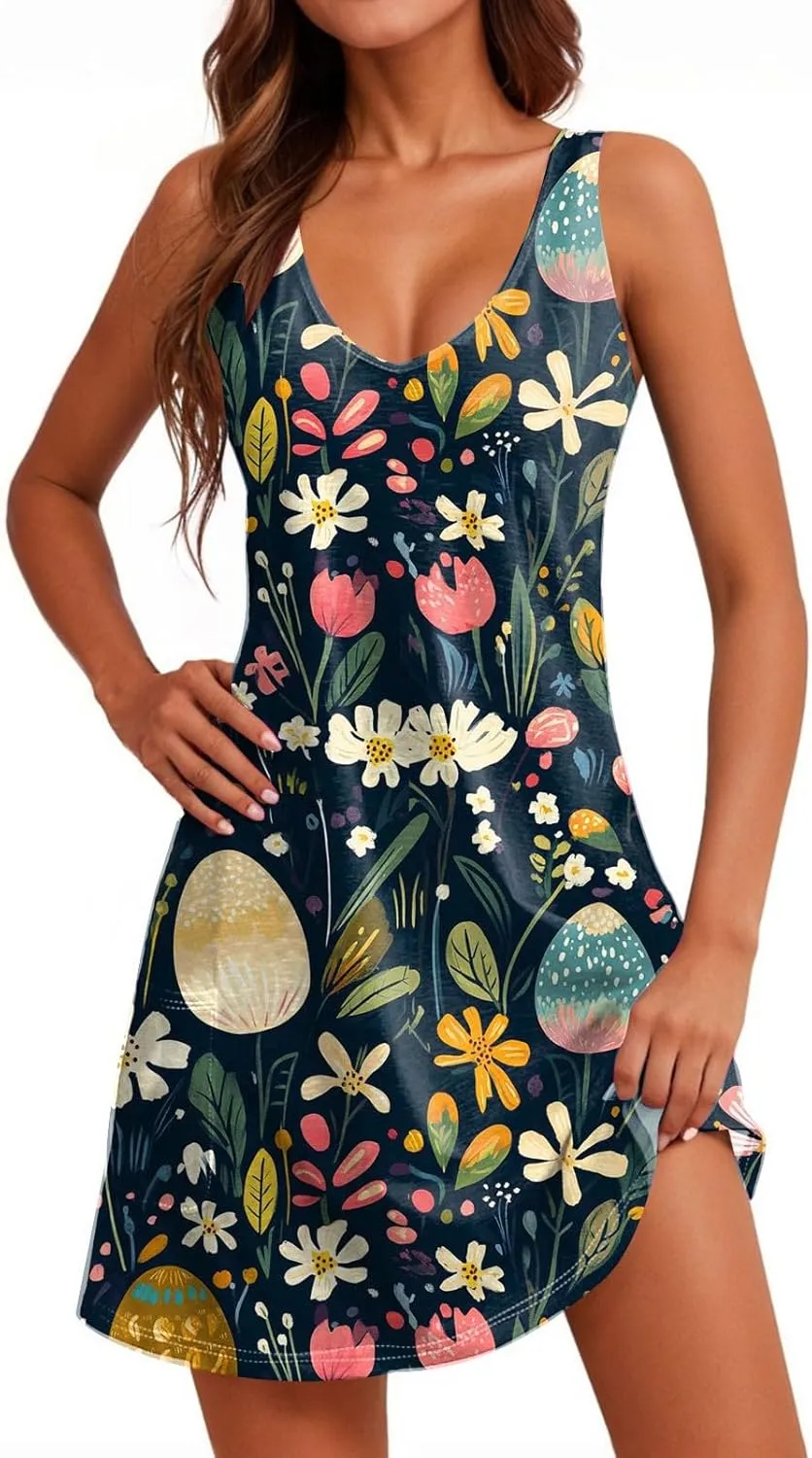 Summer Dresses for Women Beach V Neck Swimsuit Coverup Casual Sleeveless Dress with Pocket 2025 Printed Sundress