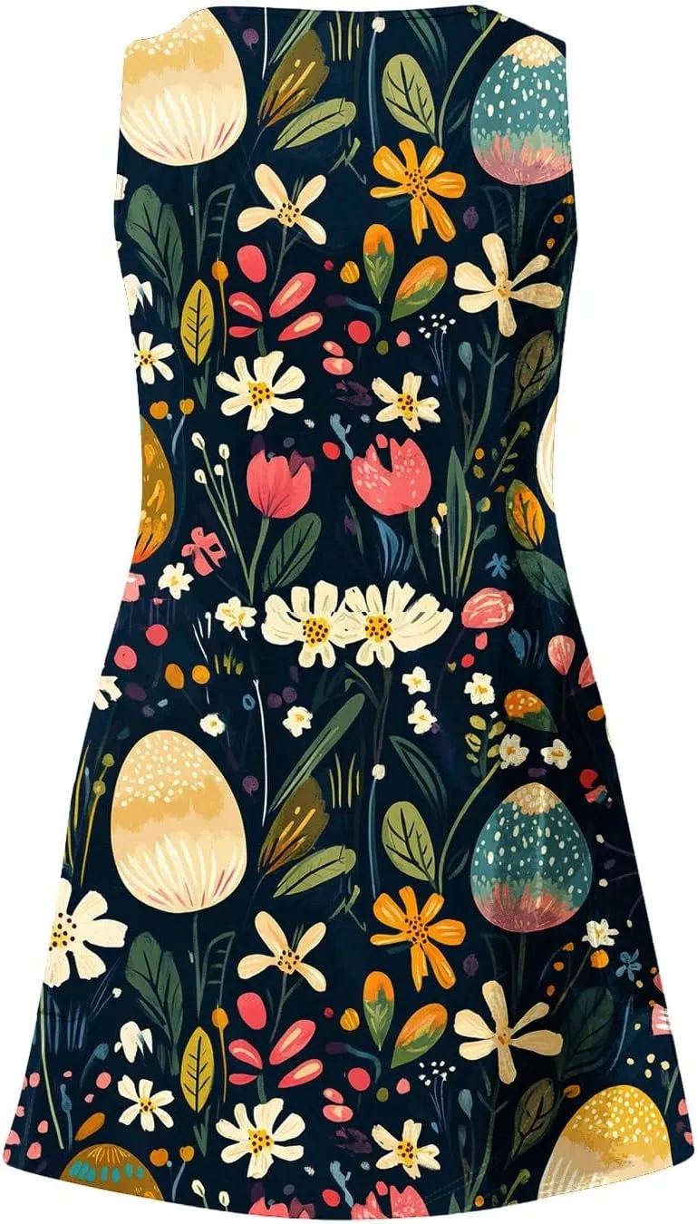 Summer Dresses for Women Beach V Neck Swimsuit Coverup Casual Sleeveless Dress with Pocket 2025 Printed Sundress