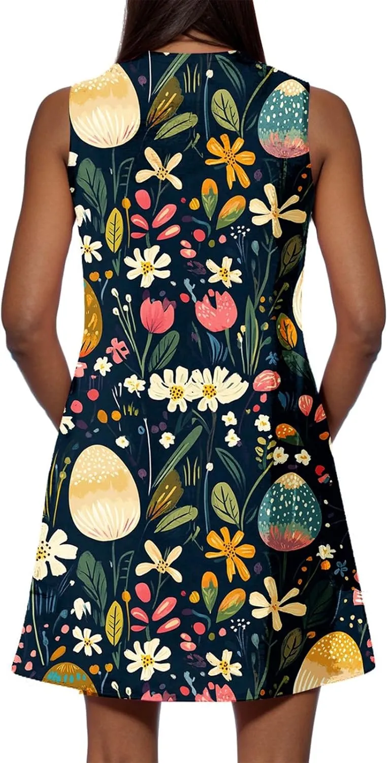 Summer Dresses for Women Beach V Neck Swimsuit Coverup Casual Sleeveless Dress with Pocket 2025 Printed Sundress