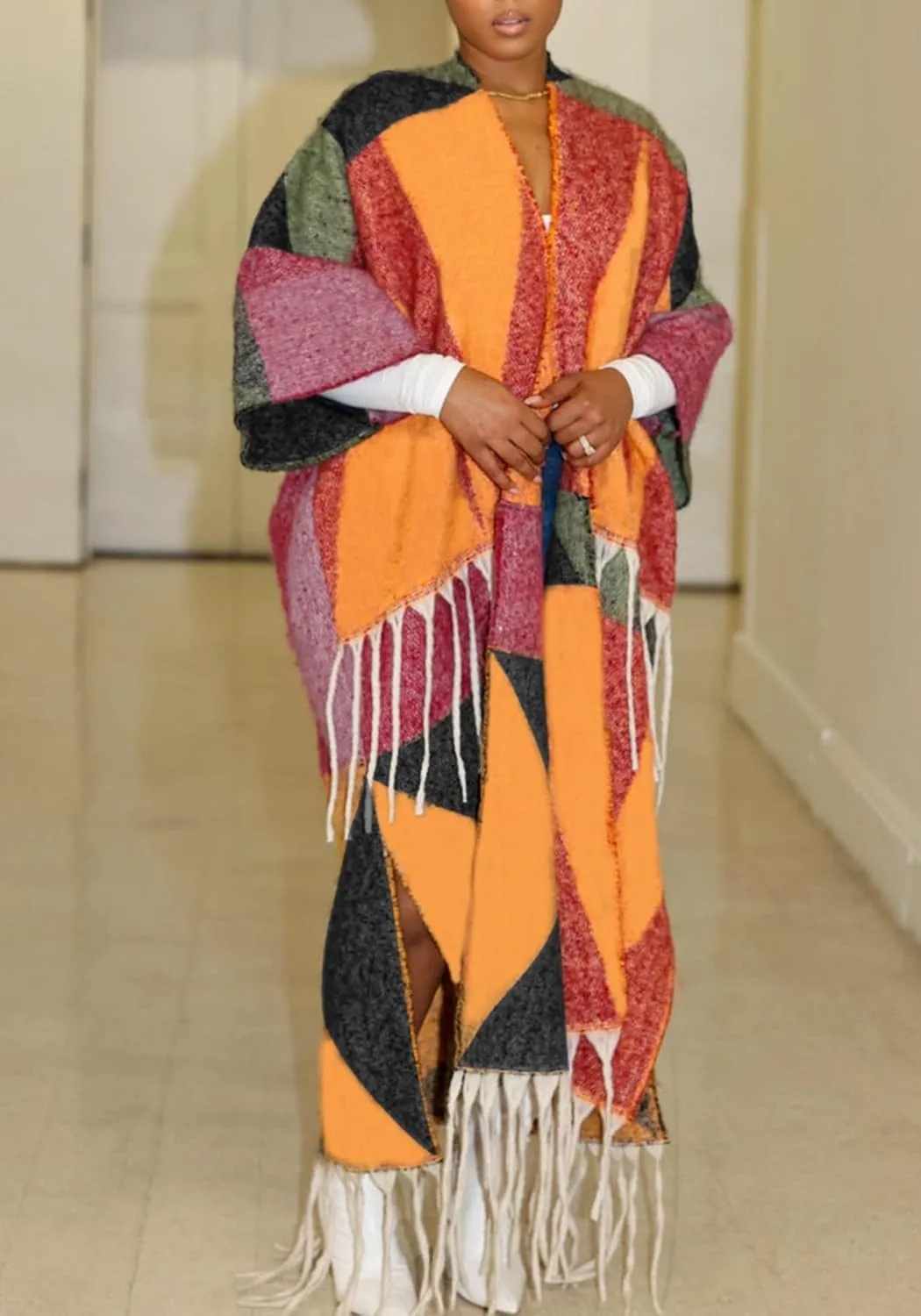 Vakkest Open Front Tassel Sweater Cardigan for Women Color Block Cozy Chunky Knit Fringe Wrap Duster Kimono Trench Coat