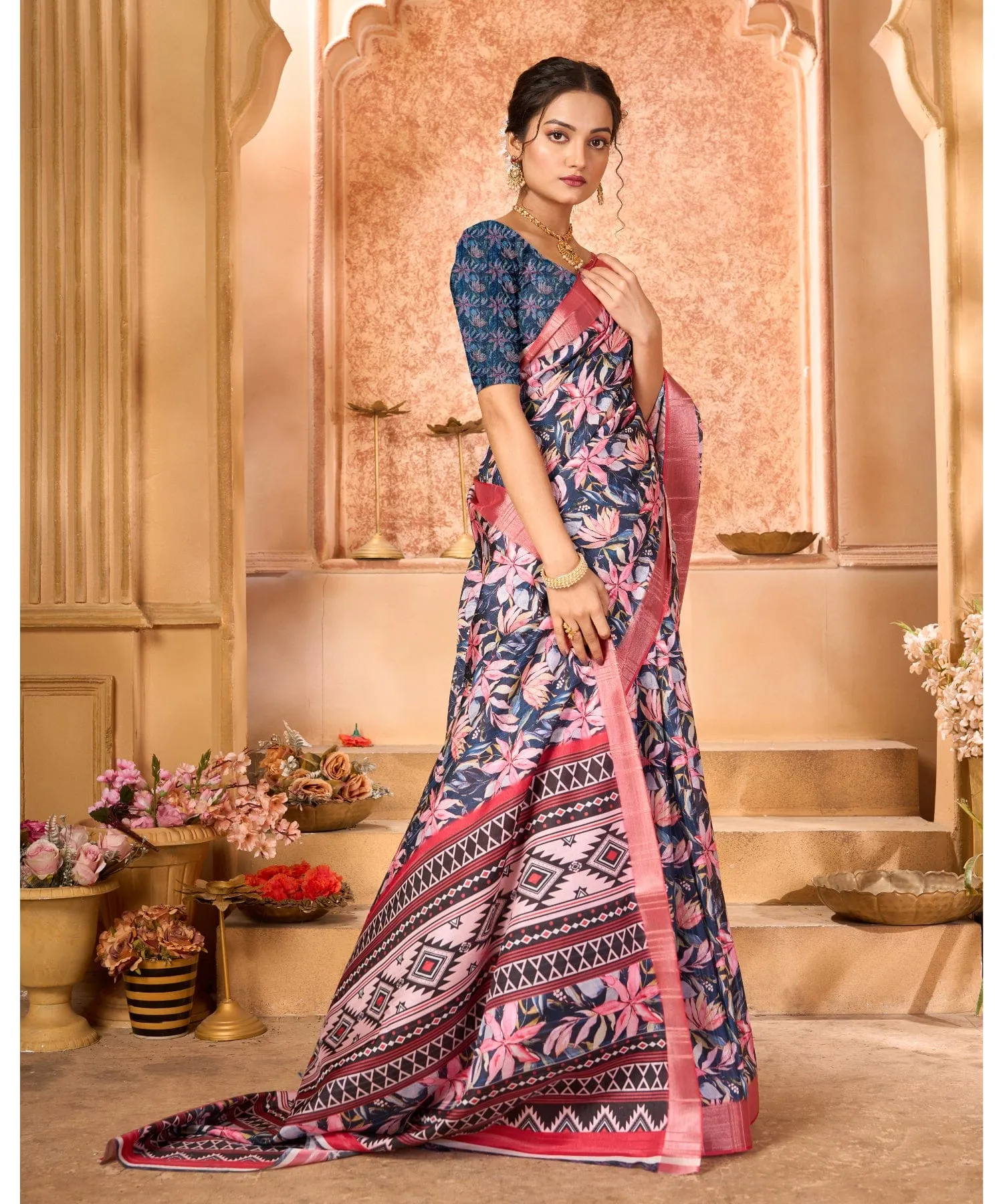 Varanga Blue Cotton Handloom Digital Saree With Zari Border