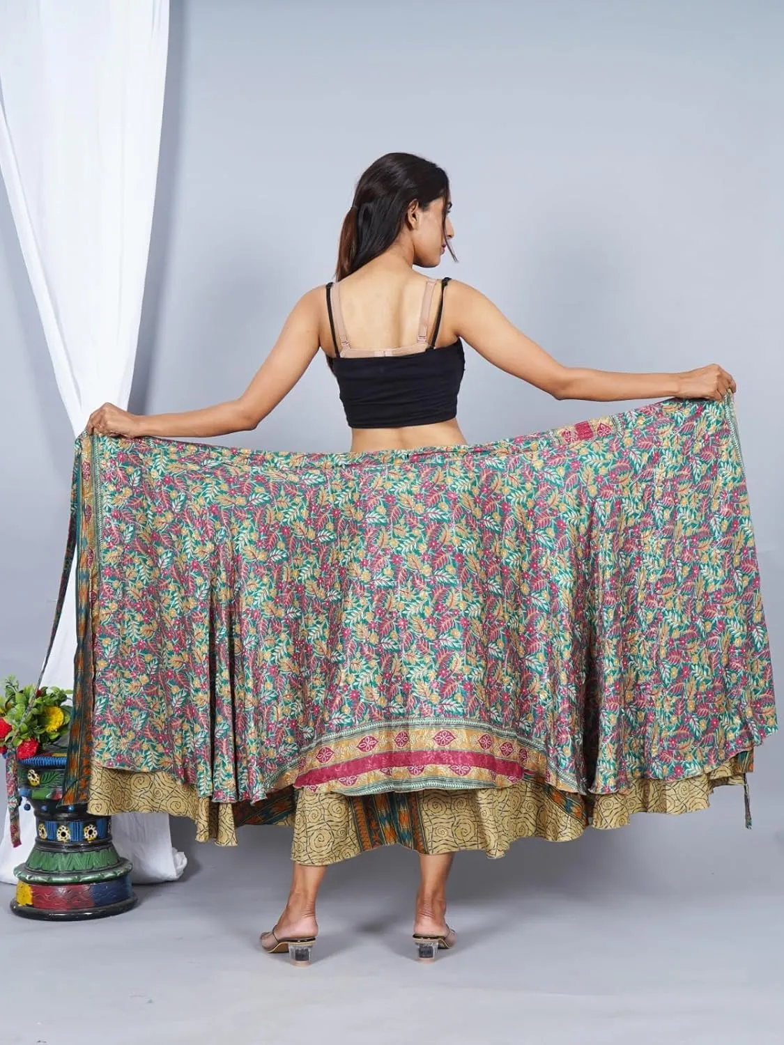 Wholesale Lot Two Layers Women's Indian Sari Magic Wrap Around Reversible Long Skirt Multi