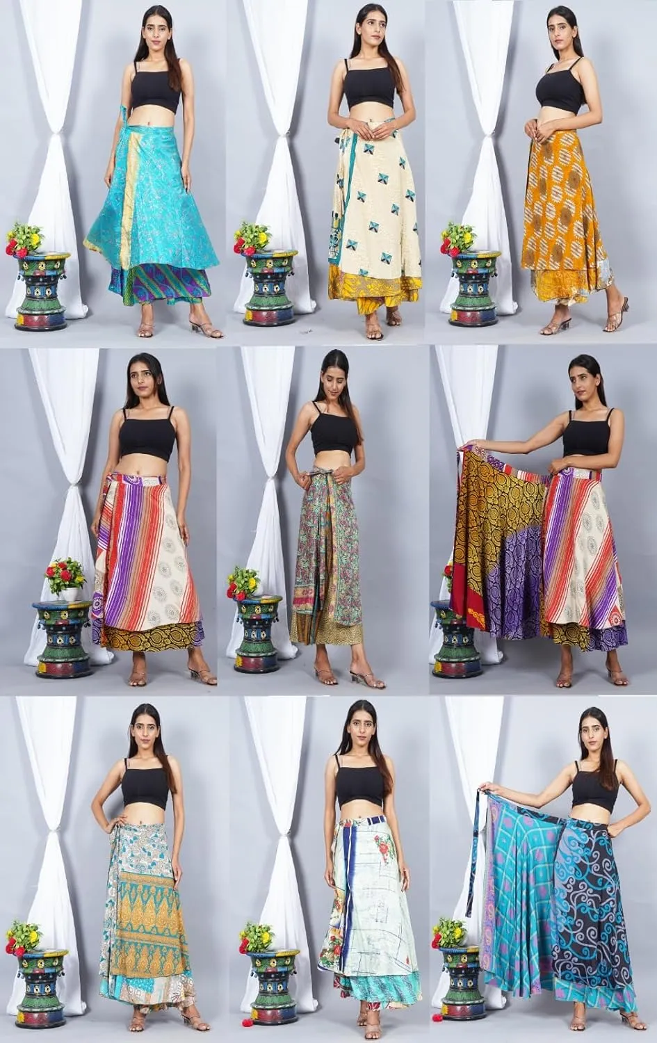 Wholesale Lot Two Layers Women's Indian Sari Magic Wrap Around Reversible Long Skirt Multi