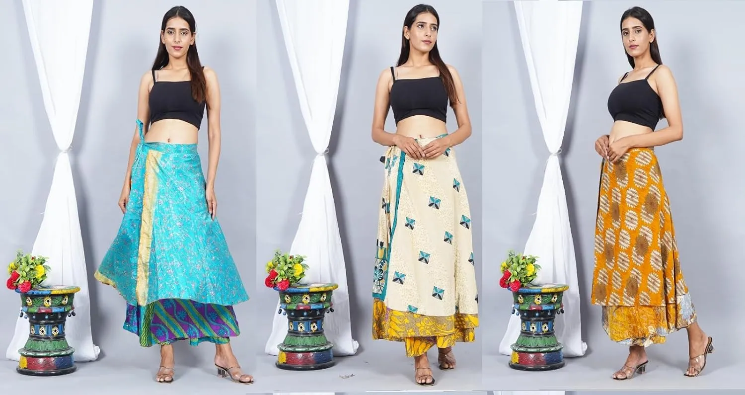 Wholesale Lot Two Layers Women's Indian Sari Magic Wrap Around Reversible Long Skirt Multi