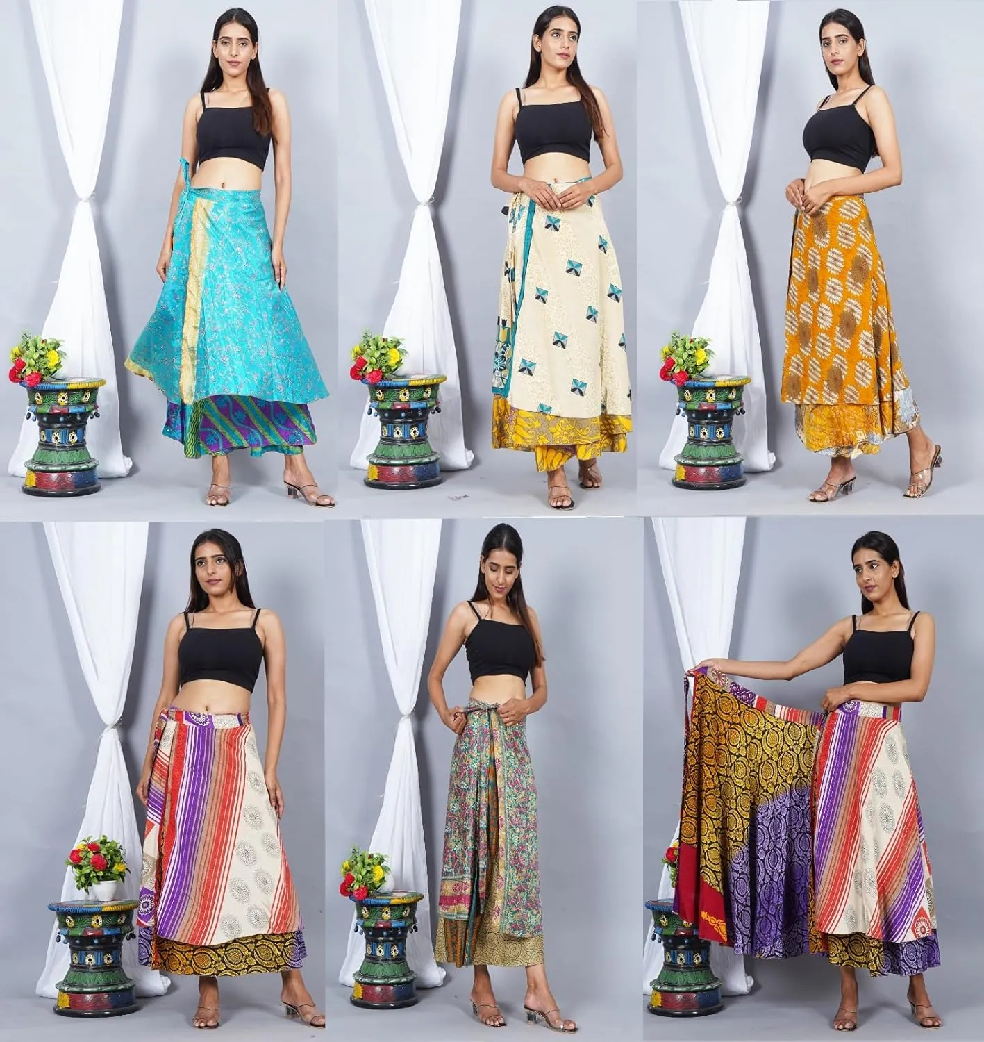 Wholesale Lot Two Layers Women's Indian Sari Magic Wrap Around Reversible Long Skirt Multi