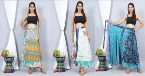 Wholesale Lot Two Layers Women's Indian Sari Magic Wrap Around Reversible Long Skirt Multi