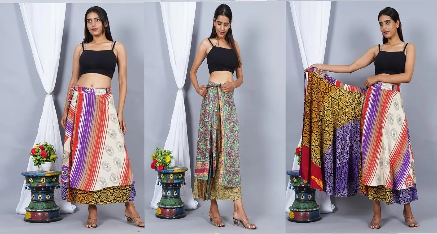 Wholesale Lot Two Layers Women's Indian Sari Magic Wrap Around Reversible Long Skirt Multi