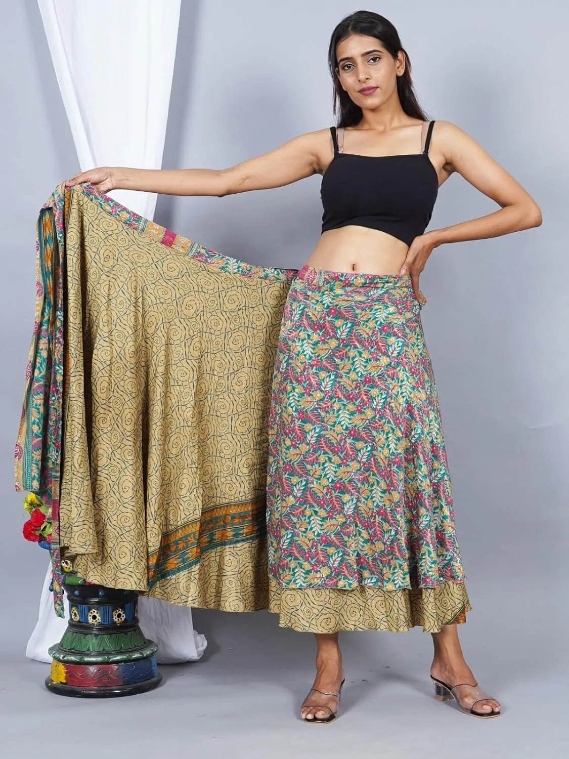 Wholesale Lot Two Layers Women's Indian Sari Magic Wrap Around Reversible Long Skirt Multi
