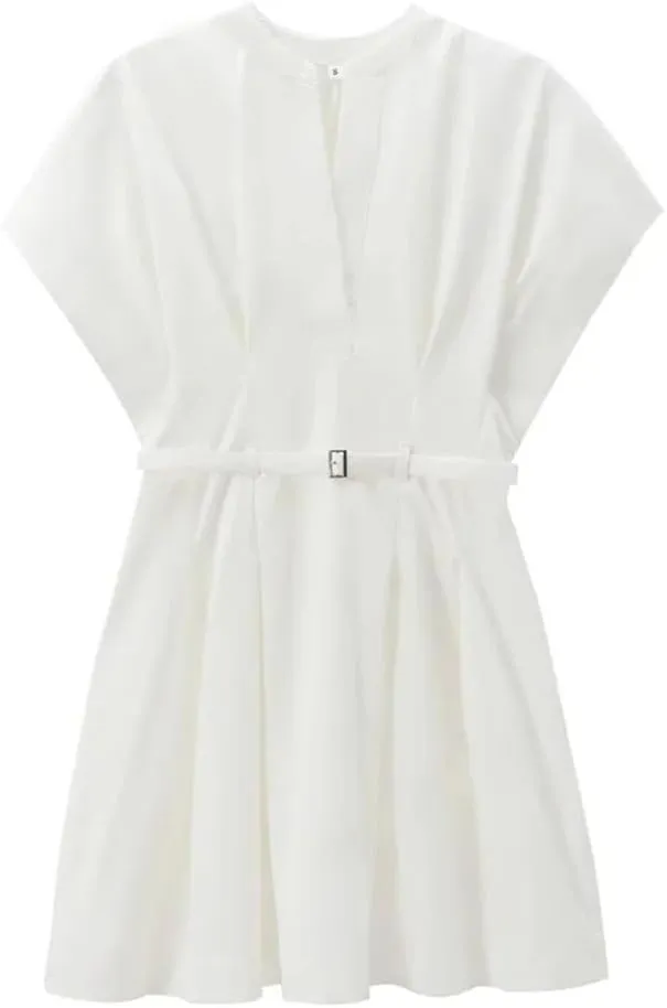 Women European and American Style Texture Waist Cinching Slimming A-Line Skirt Waist Cinching Short Dress