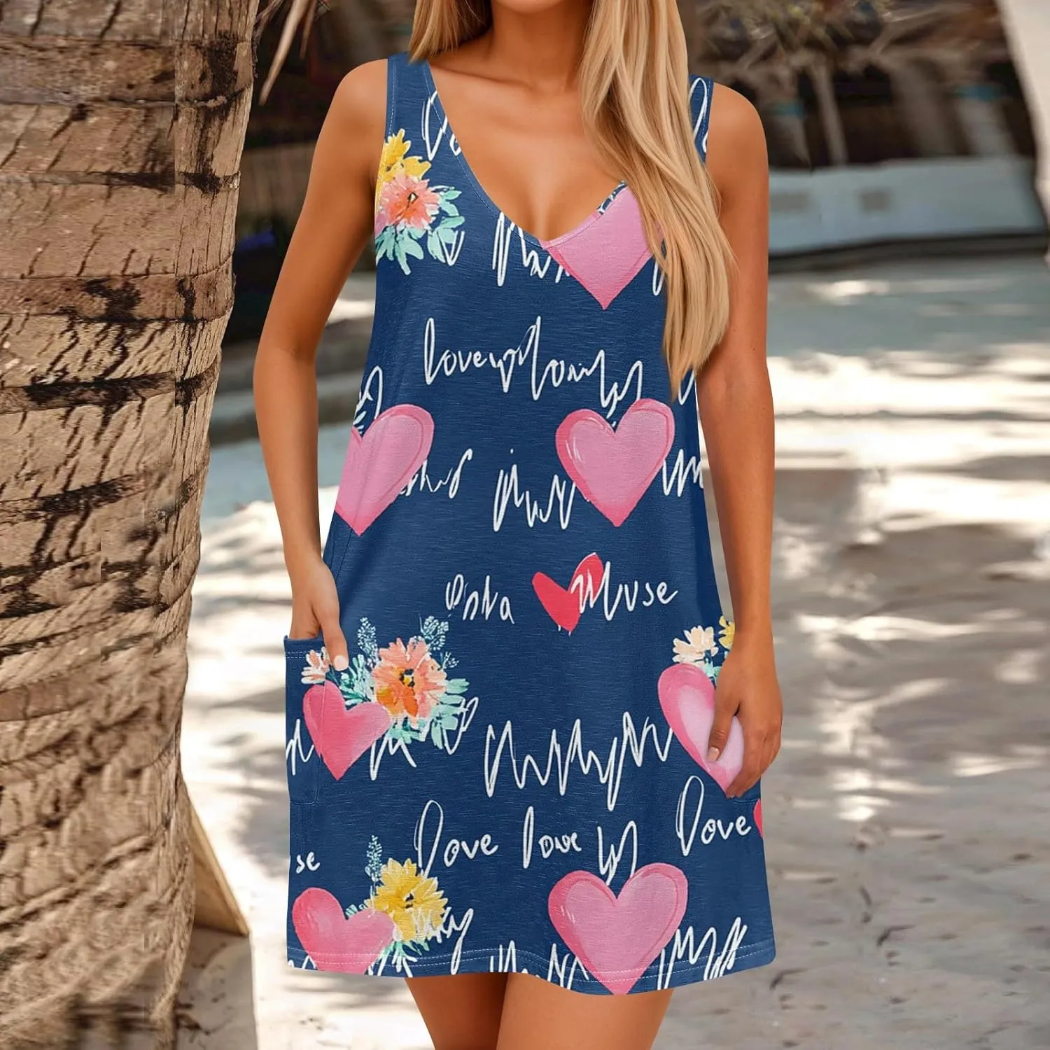 Women Summer Dresses Sleeveless V Neck Swimsuit Coverup Vacation Casual Sundress Printed Beach Dress with Pocket