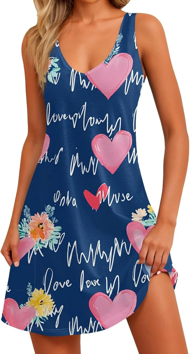 Women Summer Dresses Sleeveless V Neck Swimsuit Coverup Vacation Casual Sundress Printed Beach Dress with Pocket