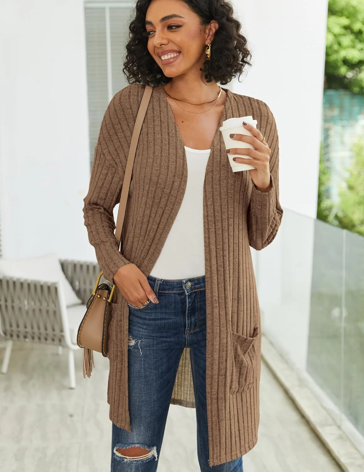 Womens Cardigan Sweater Lightweigh Long Sleeve Open Front Knit Oversized Cardigans with Pockets Trendy Spring Tops