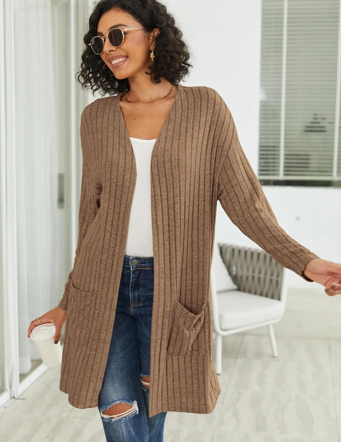 Womens Cardigan Sweater Lightweigh Long Sleeve Open Front Knit Oversized Cardigans with Pockets Trendy Spring Tops
