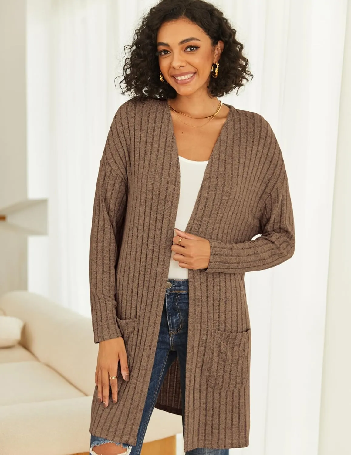 Womens Cardigan Sweater Lightweigh Long Sleeve Open Front Knit Oversized Cardigans with Pockets Trendy Spring Tops