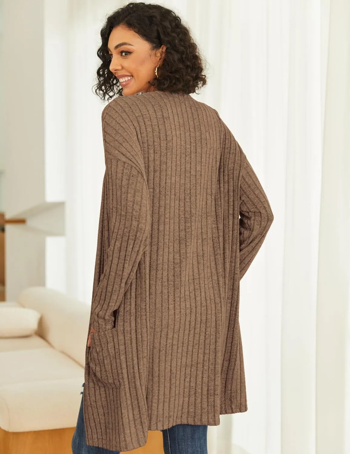 Womens Cardigan Sweater Lightweigh Long Sleeve Open Front Knit Oversized Cardigans with Pockets Trendy Spring Tops
