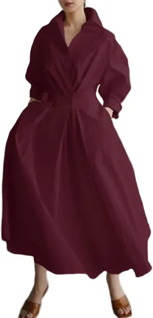 Womens Cotton Elegant Long Sleeve Collared Button Down Maxi Shirt Dress with Pockets,Loose fit with Large A-line Skirt