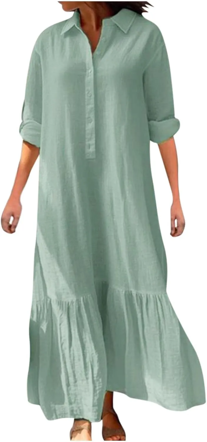 Women's Cotton Linen Dress Casual Button Down Long Sleeve Flowy Plus Size Lapel Collared Maxi Dresses Shirt Dress
