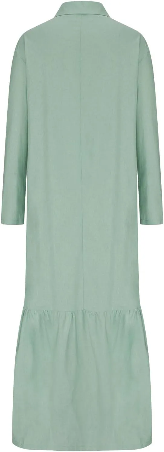 Women's Cotton Linen Dress Casual Button Down Long Sleeve Flowy Plus Size Lapel Collared Maxi Dresses Shirt Dress