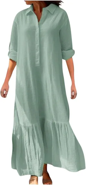 Women's Cotton Linen Dress Casual Button Down Long Sleeve Flowy Plus Size Lapel Collared Maxi Dresses Shirt Dress