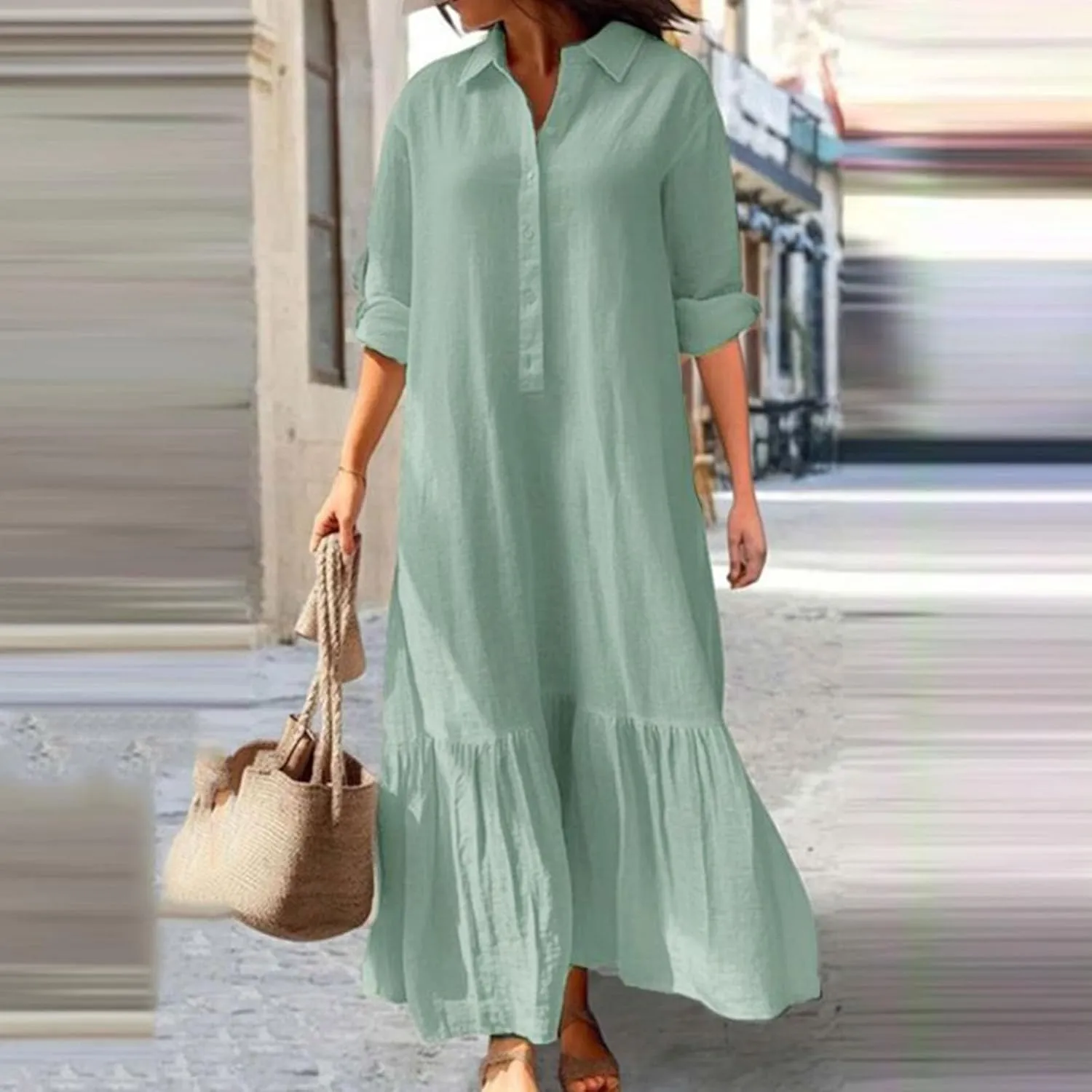 Women's Cotton Linen Dress Casual Button Down Long Sleeve Flowy Plus Size Lapel Collared Maxi Dresses Shirt Dress
