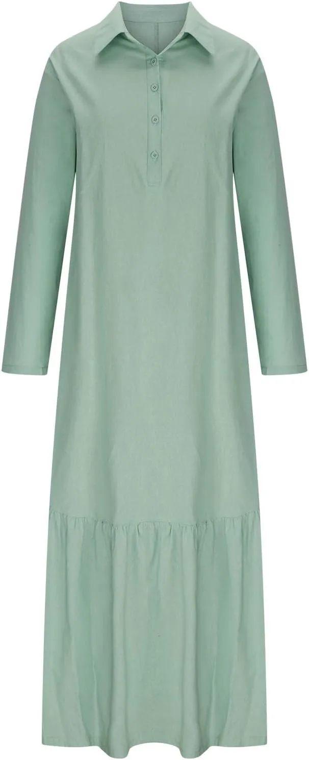 Women's Cotton Linen Dress Casual Button Down Long Sleeve Flowy Plus Size Lapel Collared Maxi Dresses Shirt Dress