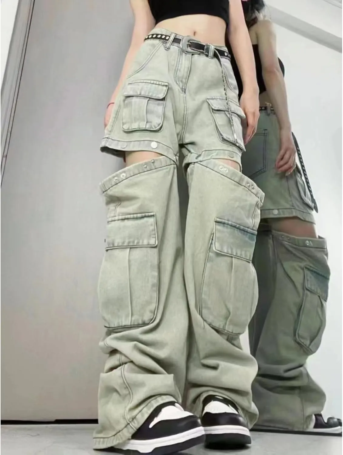 Women's Gothic Overalls Vintage Multi Pocket Washed Jeans High Waisted Straight Tube Loose Fitting Pants Y2K Jeans