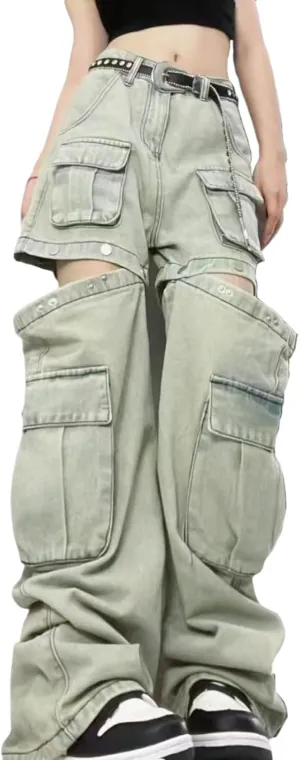 Women's Gothic Overalls Vintage Multi Pocket Washed Jeans High Waisted Straight Tube Loose Fitting Pants Y2K Jeans