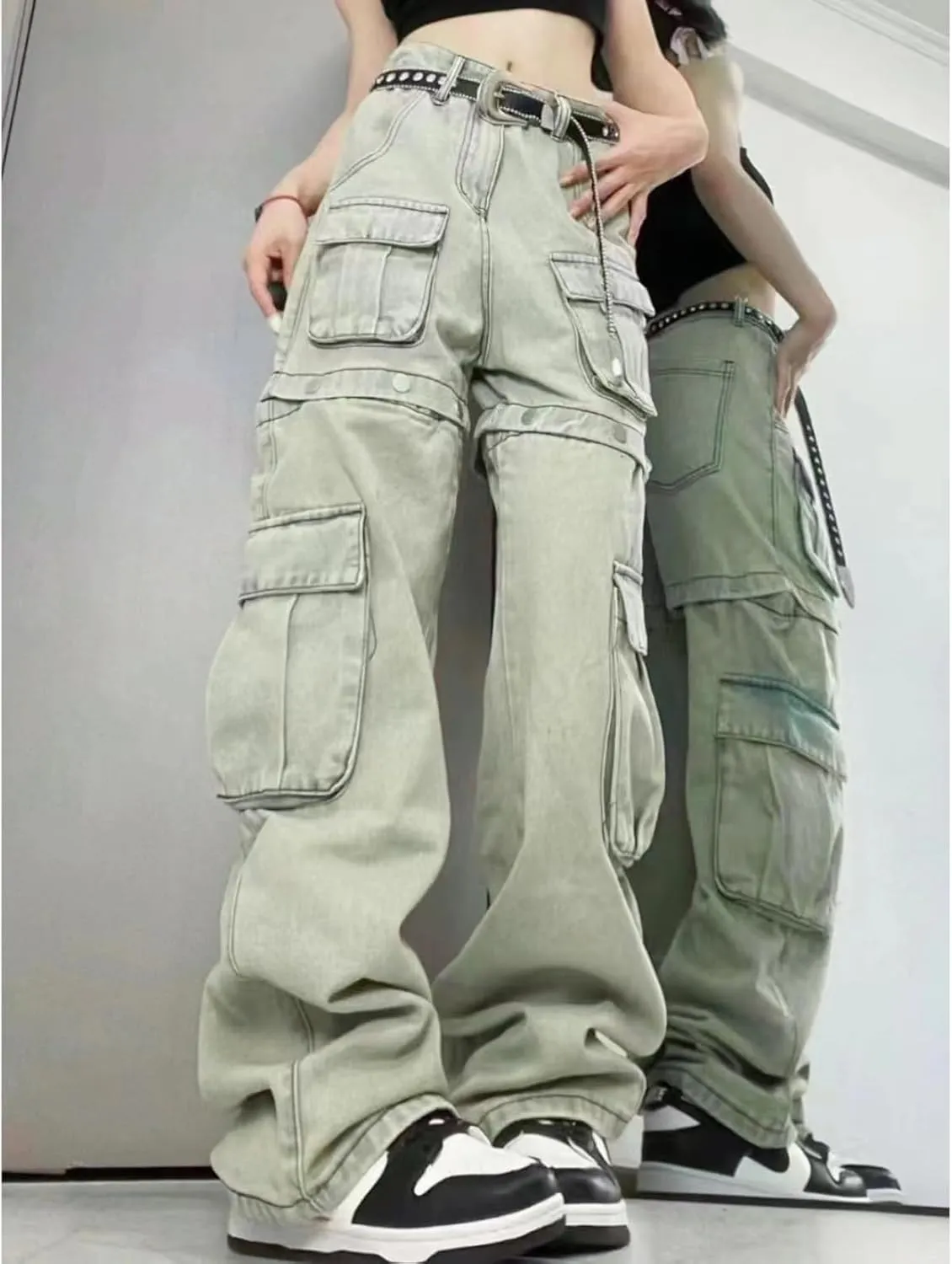 Women's Gothic Overalls Vintage Multi Pocket Washed Jeans High Waisted Straight Tube Loose Fitting Pants Y2K Jeans
