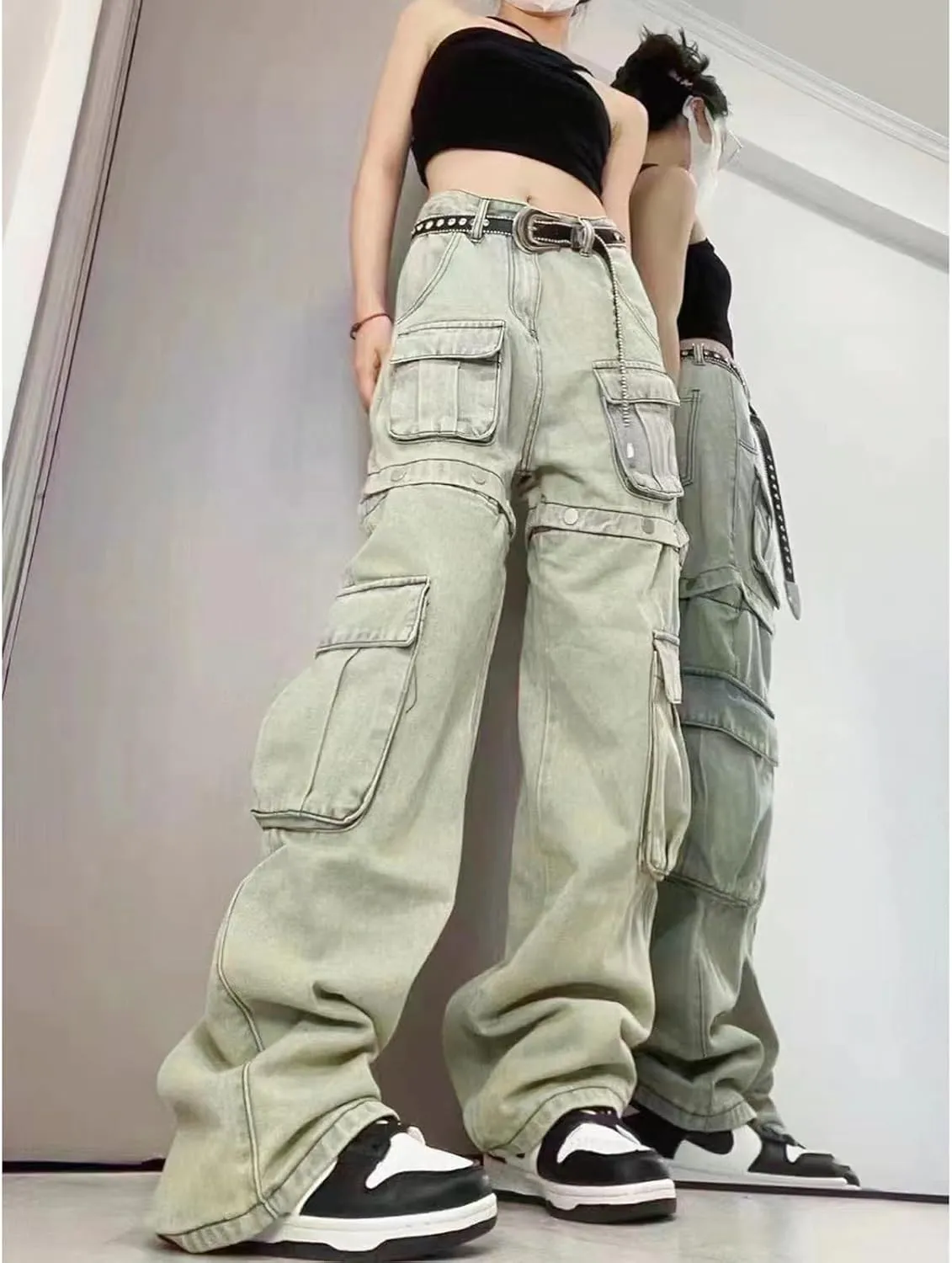 Women's Gothic Overalls Vintage Multi Pocket Washed Jeans High Waisted Straight Tube Loose Fitting Pants Y2K Jeans