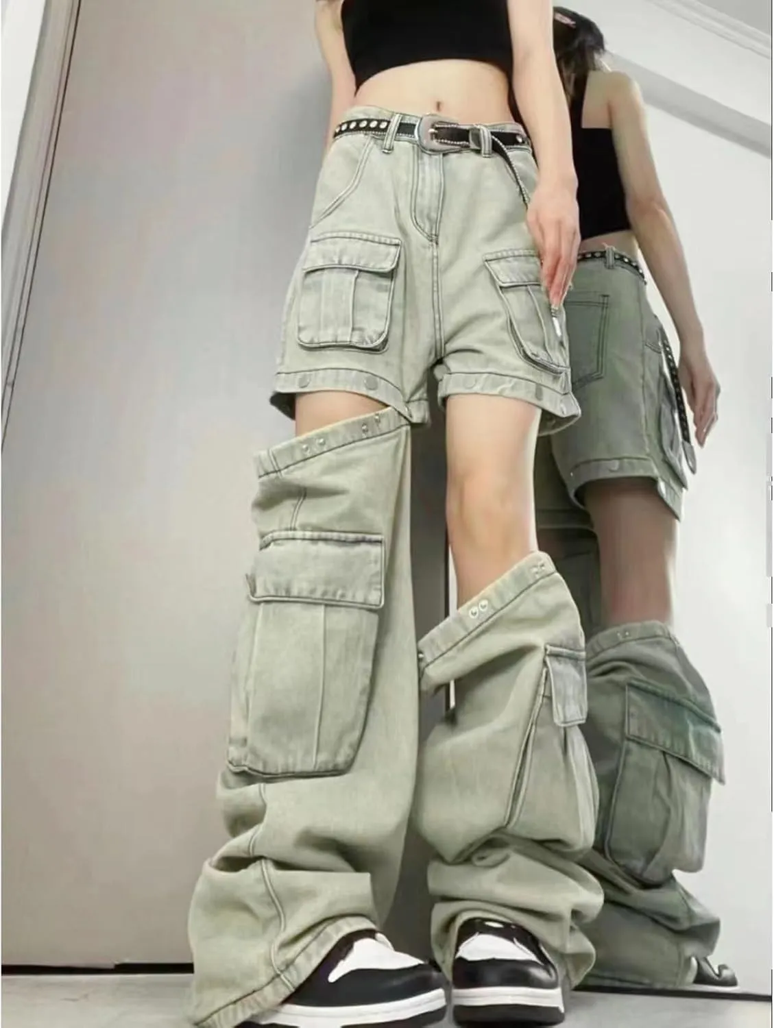Women's Gothic Overalls Vintage Multi Pocket Washed Jeans High Waisted Straight Tube Loose Fitting Pants Y2K Jeans