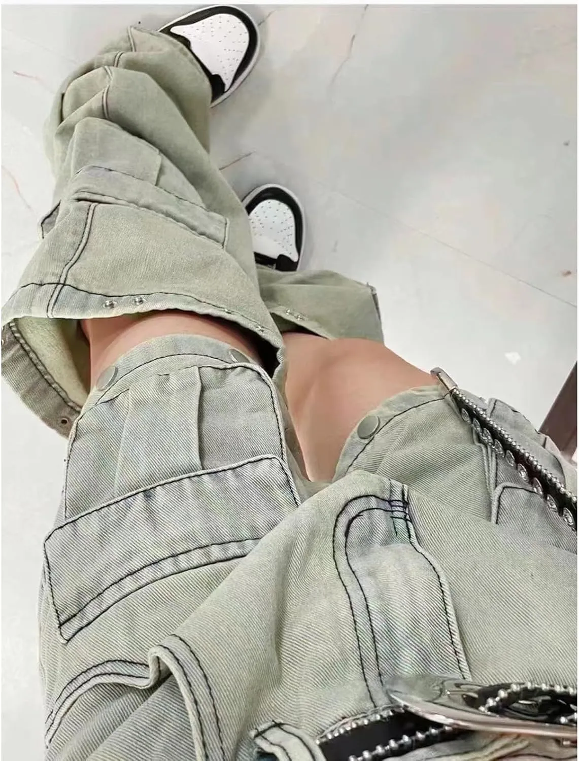 Women's Gothic Overalls Vintage Multi Pocket Washed Jeans High Waisted Straight Tube Loose Fitting Pants Y2K Jeans