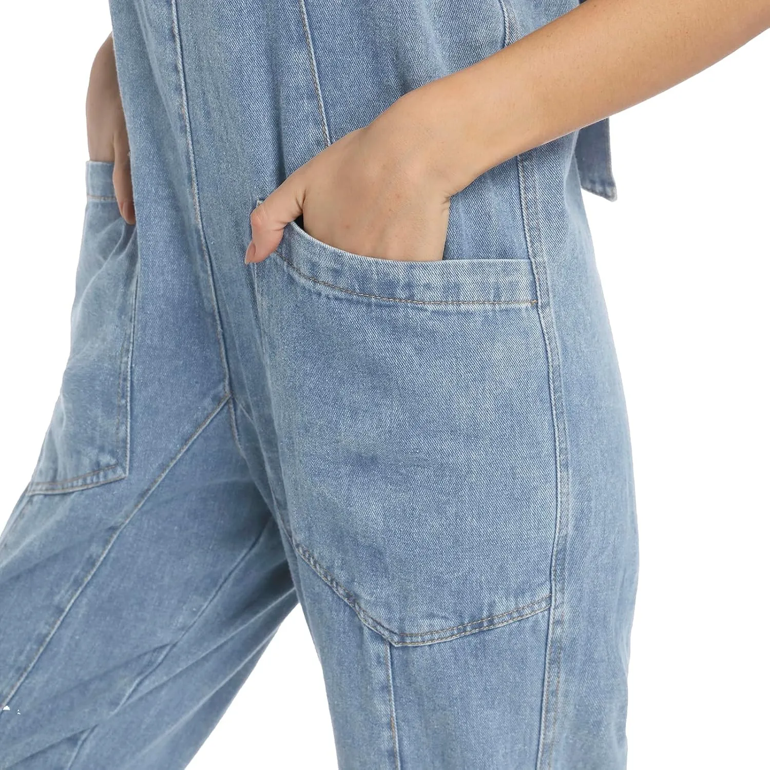 Womens High Roller Denim Jumpsuit Baggy Loose Fit Jean Overalls Adjustable Straps Sleeveless Jumpers with Pockets