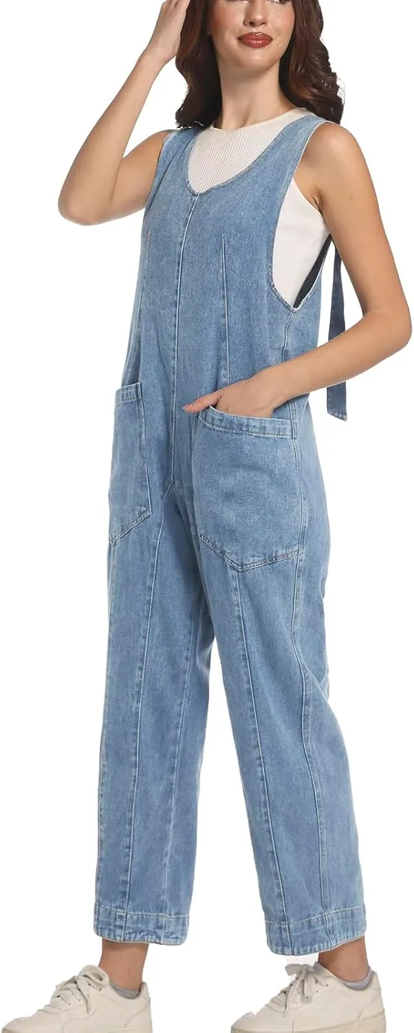 Womens High Roller Denim Jumpsuit Baggy Loose Fit Jean Overalls Adjustable Straps Sleeveless Jumpers with Pockets