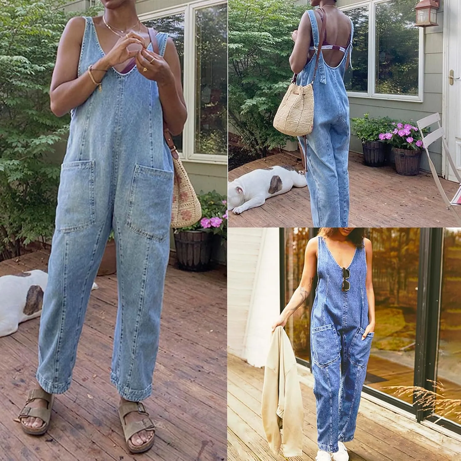Womens High Roller Denim Jumpsuit Baggy Loose Fit Jean Overalls Adjustable Straps Sleeveless Jumpers with Pockets